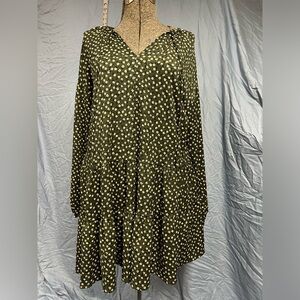 MNG Mango tiered floral smock dress with neck tie in khaki green SIZE 6/M